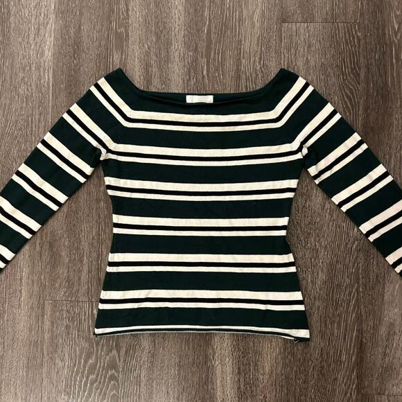 H&M Green Cream Black Striped Off-Shoulder Knit Top Long Sleeve Stretch Pullover - Picture 6 of 9